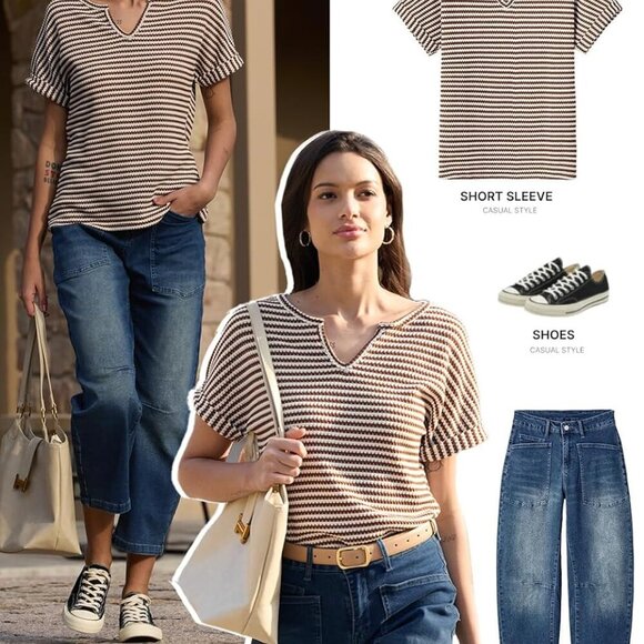 Women's Casual V-Neck Striped Top - Large, Red Stripe - Picture 4 of 5